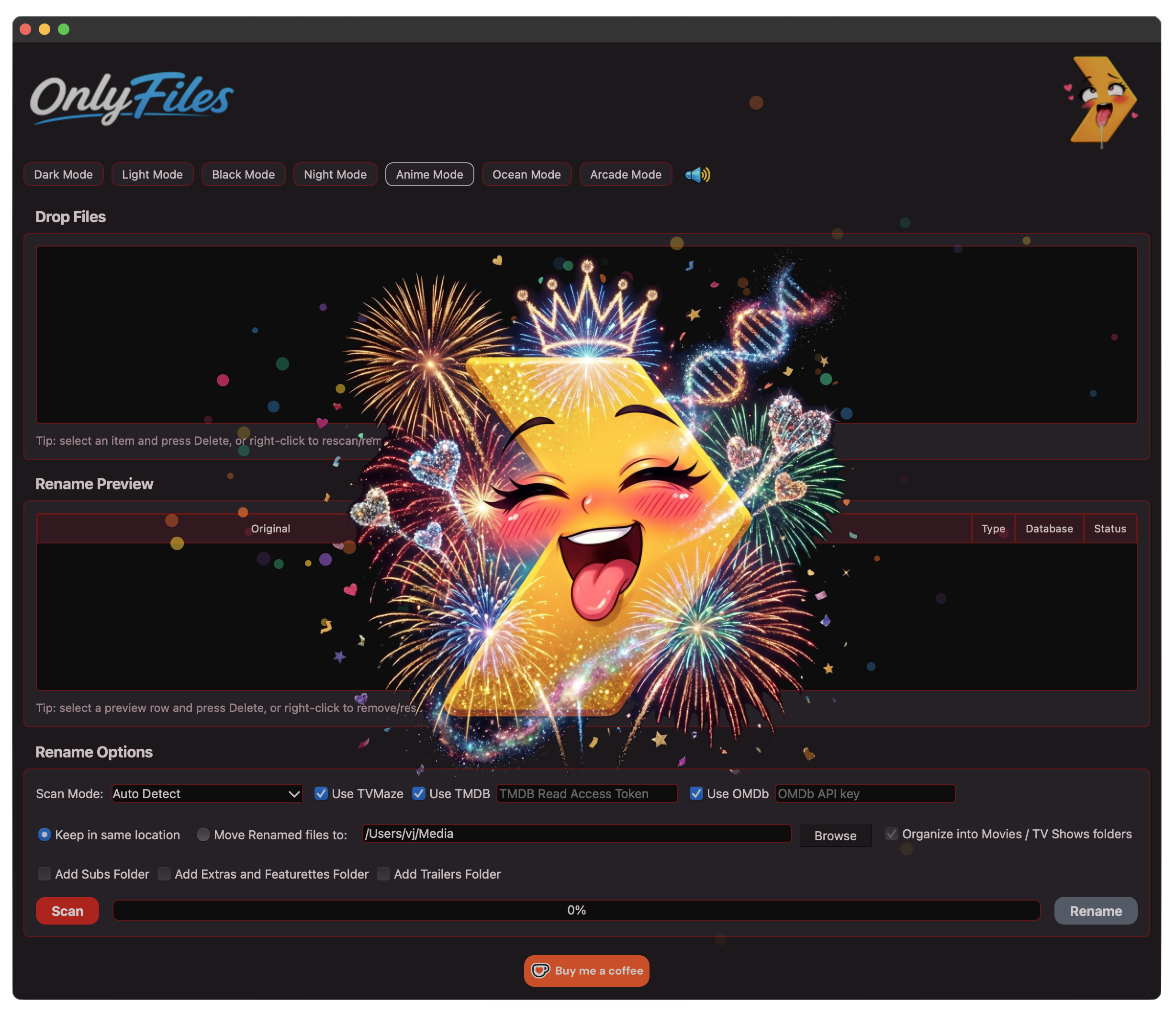 OnlyFiles app with fireworks
